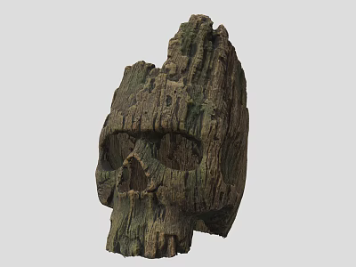 Hand Carved Wooden Skull Creature Character With Natural Wood Texture And Weathered Look 3d model