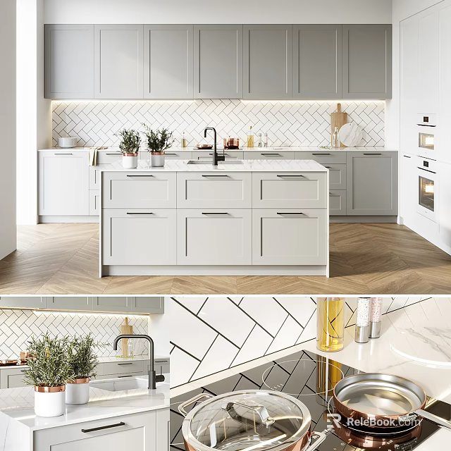 Modern Kitchen Interior With White Cabinets Island Counter And Herringbone Tile Backsplash 3d model