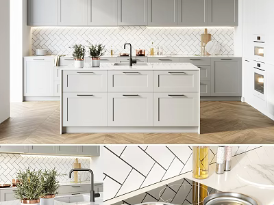 Modern Kitchen Interior With White Cabinets Island Counter And Herringbone Tile Backsplash 3d model