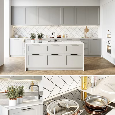 Modern Kitchen Interior With White Cabinets Island Counter And Herringbone Tile Backsplash 3d model