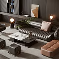 Modern Leather Sofa and Coffee Table Set with Ottoman Pillow Floor Lamp and Decorative Painting