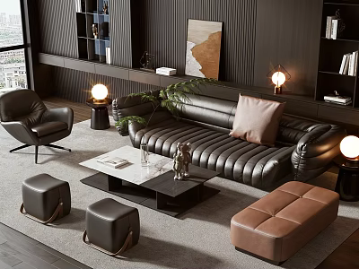 Modern Leather Sofa and Coffee Table Set with Ottoman Pillow Floor Lamp and Decorative Painting 3d model