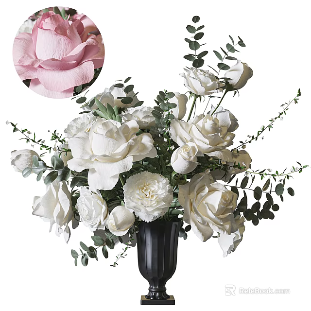 Black Vase Arrangement With White Roses Carnations And Green Leaves Including Pink Rose Close Up 3d model 