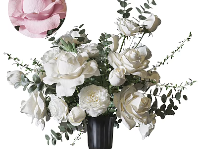 Black Vase Arrangement With White Roses Carnations And Green Leaves Including Pink Rose Close Up 3d model