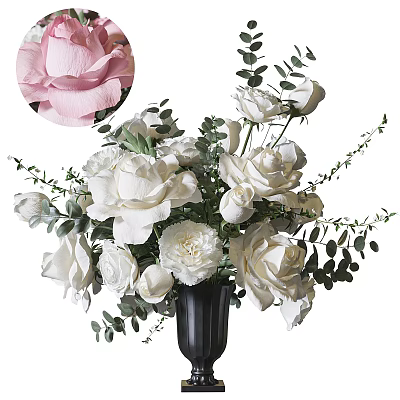 Black Vase Arrangement With White Roses Carnations And Green Leaves Including Pink Rose Close Up 3d model