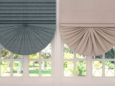 Pleated Design Navy And Beige Roman Blinds On Window With Green Plants Outside White Frame 3d model