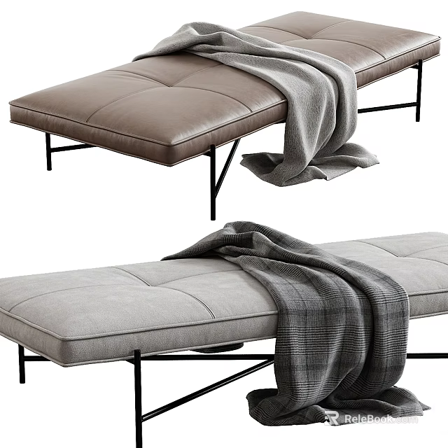 Brown Leather And Light Gray Fabric Ottoman Bench With Black Metal Legs And Blanket 3d model 