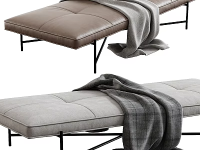 Brown Leather And Light Gray Fabric Ottoman Bench With Black Metal Legs And Blanket 3d model