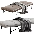 Brown Leather And Light Gray Fabric Ottoman Bench With Black Metal Legs And Blanket