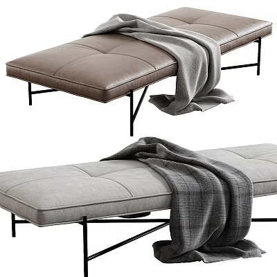 Brown Leather And Light Gray Fabric Ottoman Bench With Black Metal Legs And Blanket 3d model