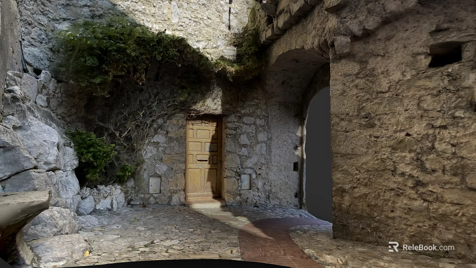 Ancient Stone Archway with Wooden Door Greenery and Stone Pavement in Historic Setting 3d model 
