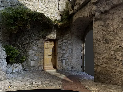 Ancient Stone Archway with Wooden Door Greenery and Stone Pavement in Historic Setting 3d model
