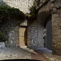 Ancient Stone Archway with Wooden Door Greenery and Stone Pavement in Historic Setting