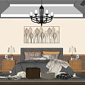 Classic Bedroom Interior With Chandelier Decorative Painting Nightstands Table Lamps And Wooden Wardrobes Rug