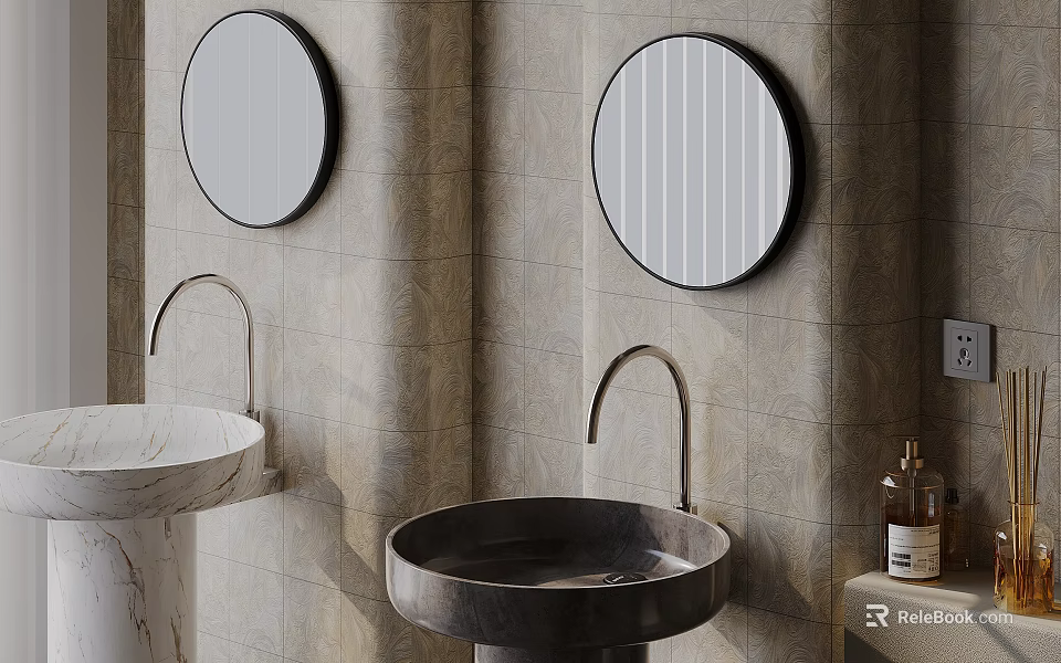 Elegant Bathroom Washbasins With Circular Mirrors Textured Walls And Brass Faucets 3d model 