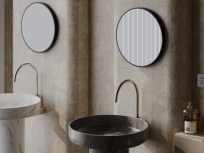 Elegant Bathroom Washbasins With Circular Mirrors Textured Walls And Brass Faucets 3d model