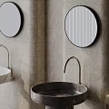 Elegant Bathroom Washbasins With Circular Mirrors Textured Walls And Brass Faucets