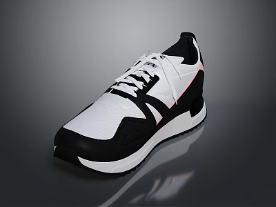 Sleek Black and White Lace Up Sneakers With Red Accent Modern Upper and White Sole 3d model