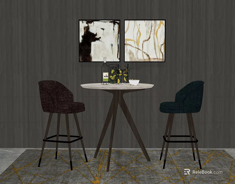 Round Table and Bar Stools Set With Gray Wall Paintings Wine Bottles on Patterned Rug 3d model 