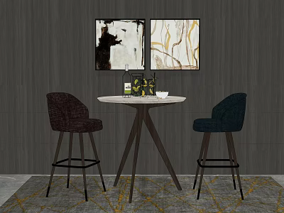 Round Table and Bar Stools Set With Gray Wall Paintings Wine Bottles on Patterned Rug 3d model