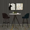 Round Table and Bar Stools Set With Gray Wall Paintings Wine Bottles on Patterned Rug