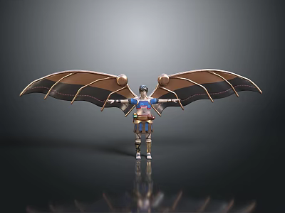 Winged Warrior Figure With Golden Armor And Extended Shiny Wings On Gray Background 3d model