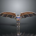 Winged Warrior Figure With Golden Armor And Extended Shiny Wings On Gray Background