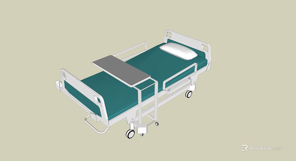 Medical Bed With Green Mattress White Metal Frame Side Rails Wheels And Foldable Table 3d model 