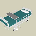 Medical Bed With Green Mattress White Metal Frame Side Rails Wheels And Foldable Table