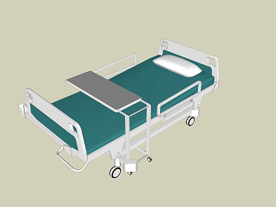 Medical Bed With Green Mattress White Metal Frame Side Rails Wheels And Foldable Table 3d model