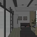 Comfortable Lounge Area Interior With Red Chair Gray Walls And Hanging Lamp