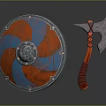 Medieval Weapons Featuring Colorful Painted Shield Ornate Battle Axe With Red Handle And Metal Details