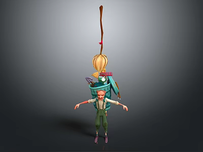 Adventurous Character With Green Overalls Carrying Blue Bucket And Straw Broom With Small Creatures 3d model