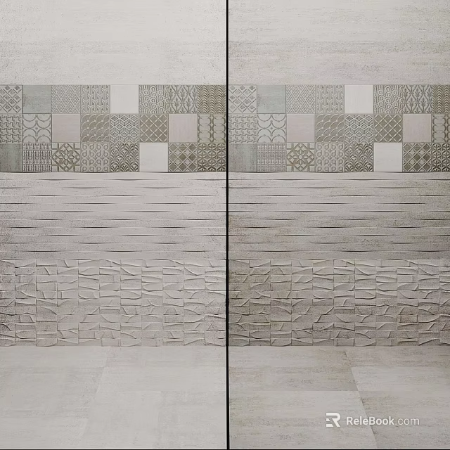 Gray Textured Wall Decor With Geometric Patterns And Stone Tiles 3d model 