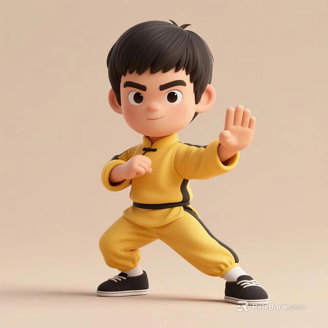 Man In Yellow Martial Arts Uniform Practicing Dynamic Kung Fu Pose 3d model 