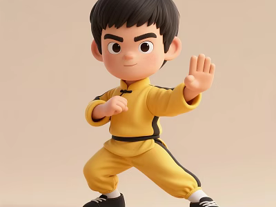 Man In Yellow Martial Arts Uniform Practicing Dynamic Kung Fu Pose 3d model