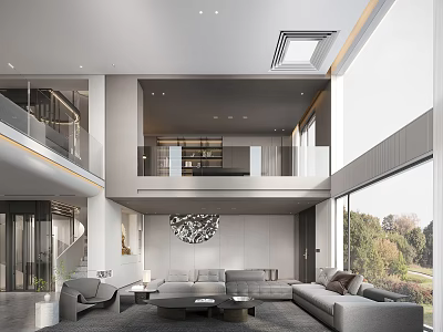 Modern Loft Living Room With Minimalist Design And Large Windows 3d model