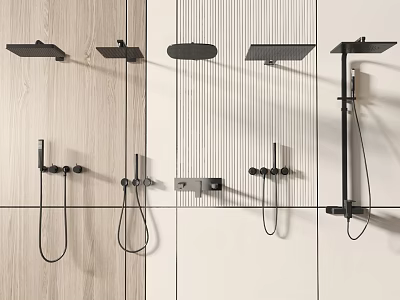 Modern Shower Heads with Rainfall and Handheld Features on Wooden and White Tile Walls 3d model