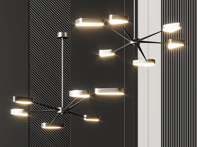 Modern Luxury Interior Chandelier With Metallic Arms And Illuminated Shades Against Dark Textured Wall 3d model