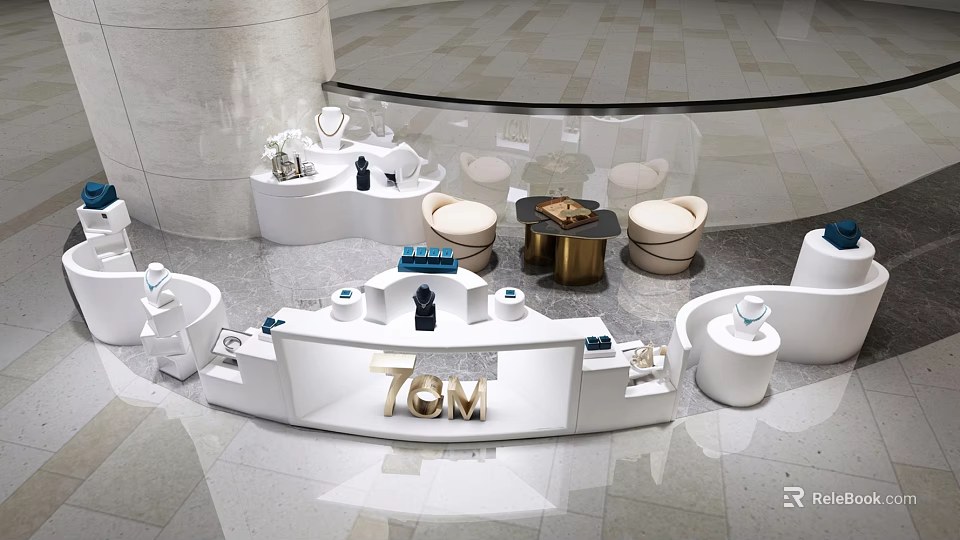 Multiple White Display Shelves With Curved Round Shapes For Decor Items In Modern Mall 3d model 