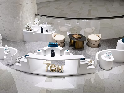 Multiple White Display Shelves With Curved Round Shapes For Decor Items In Modern Mall 3d model