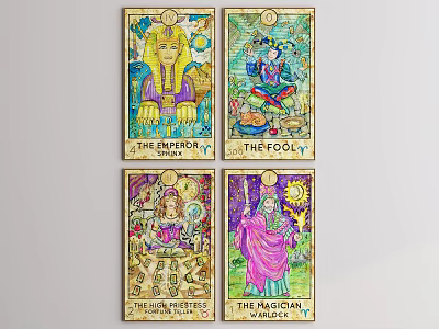 Four Tarot Card Oil Paintings With Vibrant Colors Intricate Designs And Golden Borders 3d model