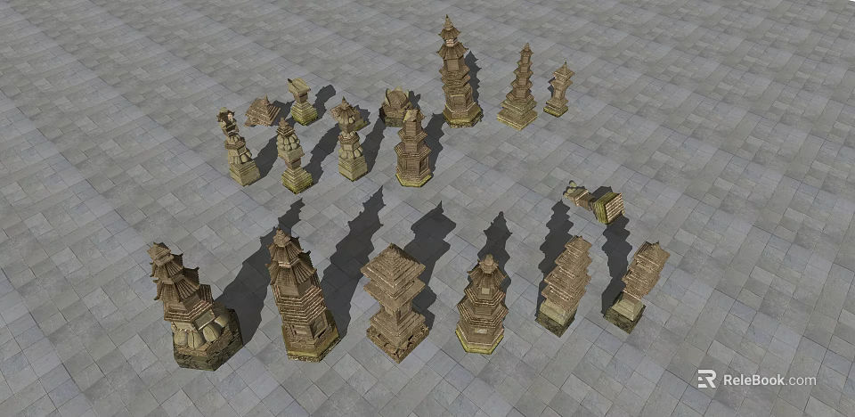 Ancient Stone Tower Models in Various Styles on Gray Stone Pavement 3d model