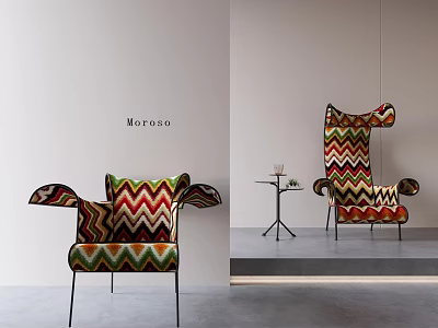Vibrant Chevron Pattern Single Sofa with Unique Armrest and Side Table Plant in Minimalist Interior 3d model
