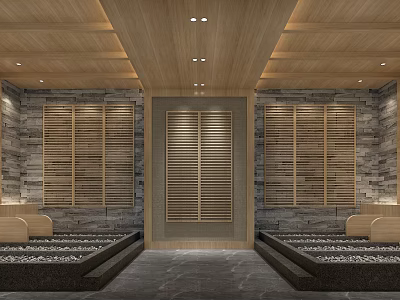 Luxury SPA Sauna Interior With Wooden Ceiling Stone Walls And Stone Soaking Tubs 3d model
