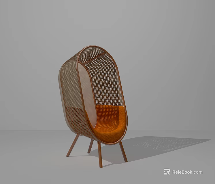 Modern Leisure Chair With Brown Rattan Frame Three Legs And Orange Mesh Seat 3d model 
