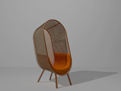 Modern Leisure Chair With Brown Rattan Frame Three Legs And Orange Mesh Seat 3d model
