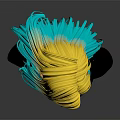 3D Character with Yellow and Blue Gradient Hair Wearing Black Outfit and Gold Buttons