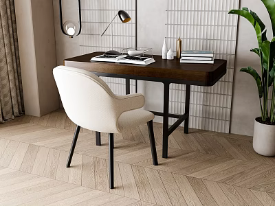 Wooden Desk And Beige Chair Set With Table Lamp Books And Green Plant 3d model