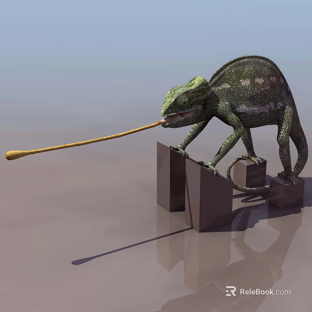Reptile Chameleon Standing On Geometric Blocks Extending Long Tongue Catching Prey 3d model 